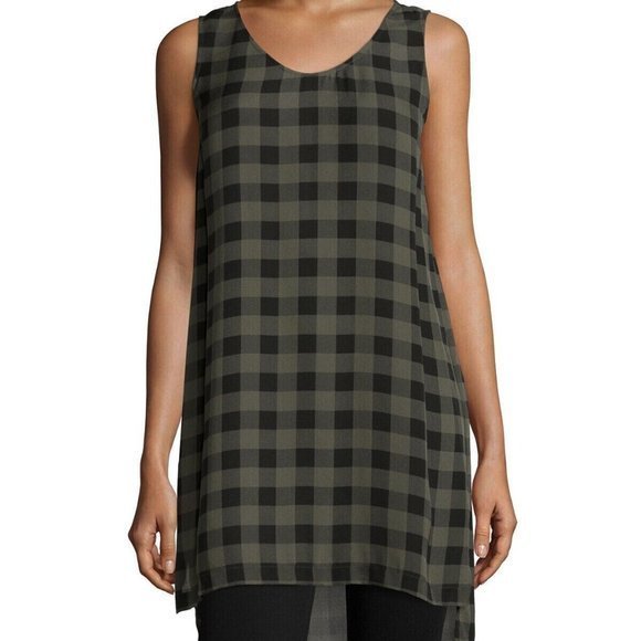 Eileen Fisher Olive Plaid Silk Tank Mini Shift‎ Casual High Low Tunic Dress - Picture 2 of 13